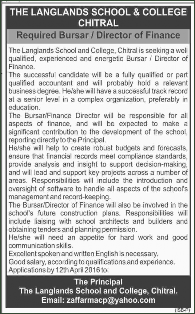Brusar, Director of Finance Jobs in The Lanlands School and College Chtral