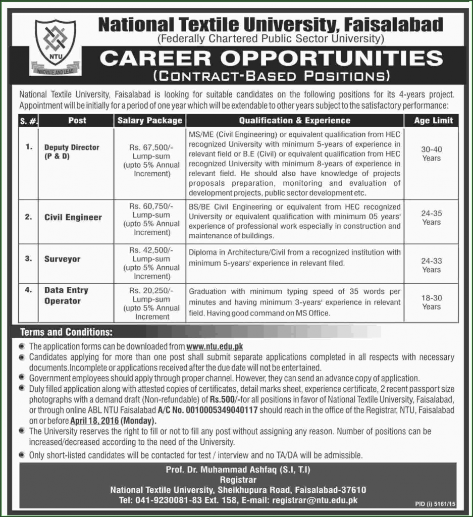 Deputy Director, Civil Engineer, Surveyor, and Data Entry Operator Jobs in National Textile University Faisalabad