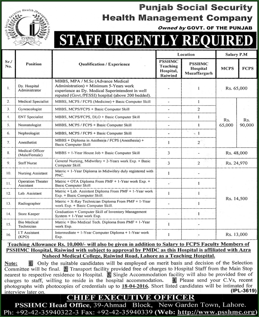 Dy. Hospital Administration, Medical Specialist, Gynecologist, Ent Specialist, Staff Nurse, Nursing Assistant, and Other Jobs in PSSHMC Punjab Social Security Health Management Company Lahore