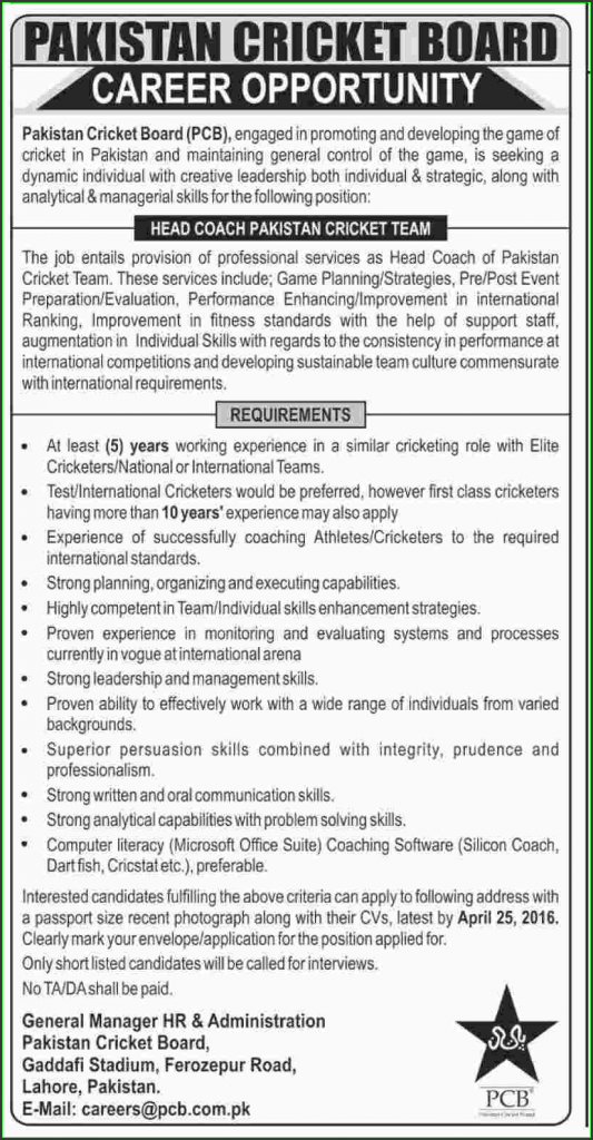 Head Coach Pakistan Circket Team Jobs in Pakistan Cricket Board