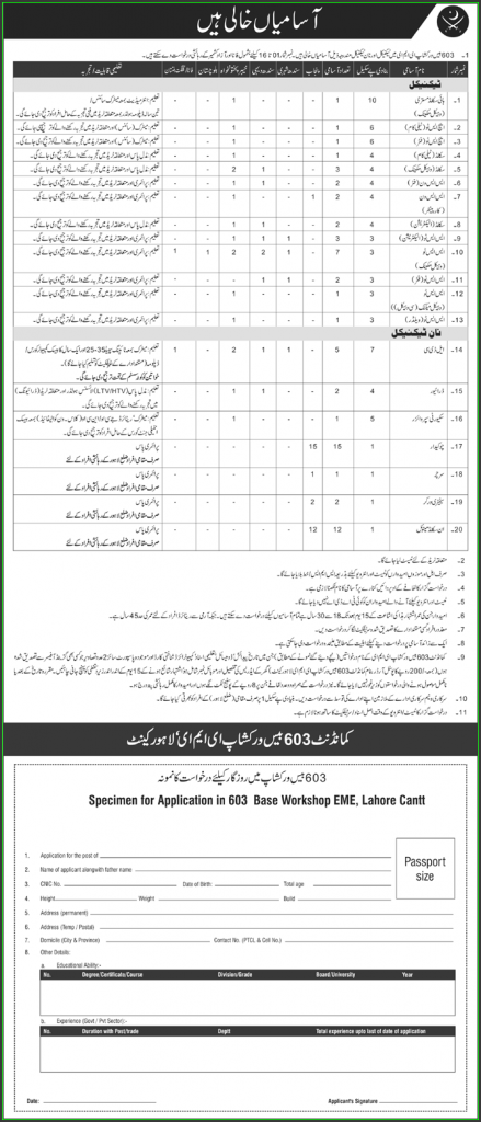 High Skilled Mistri, HS2, Skilled, Carpenter, Electrician, LDC, Driver, Security Supervisor, Chowkidar, and Worker Jobs in 603 Base Workshop EME AJK