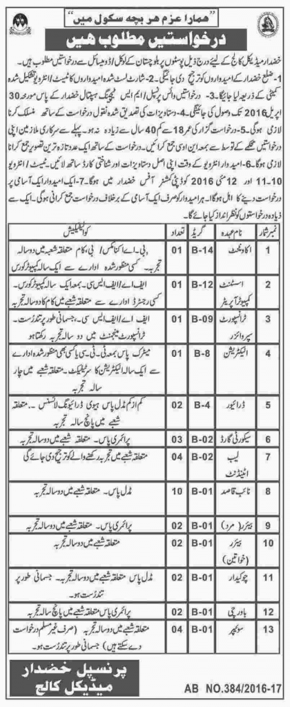 Accountant, Assistant Computer, Transport Supervisor, Electrician, Driver