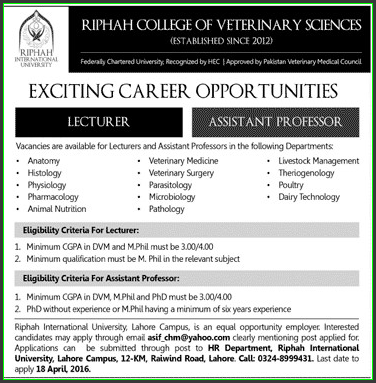 Lecturer and Assistant Professor Jobs in Ripha College Veternary Science Lahore