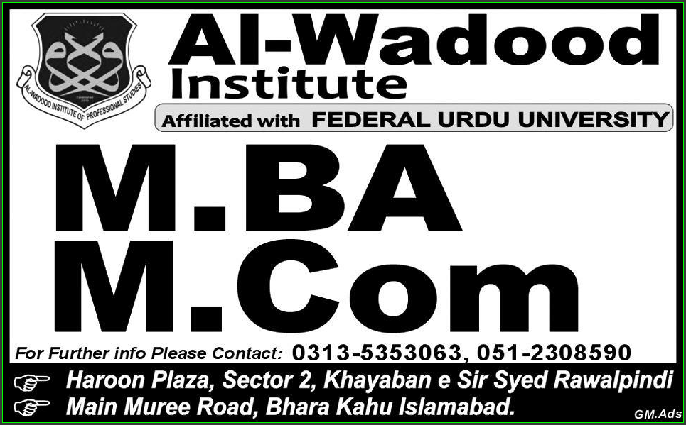 M.BA M.Com Admissins in Al-Wadood Institute