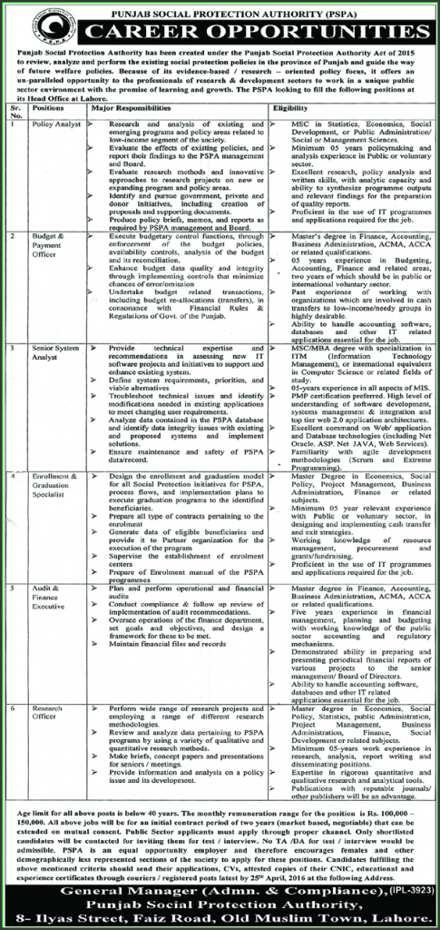 Punjab Social Protection Authority Officers Jobs