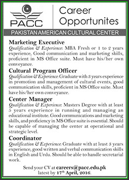 Marketing Executive, Cultural Program Officer, Center Manager, Coordinator Jobs