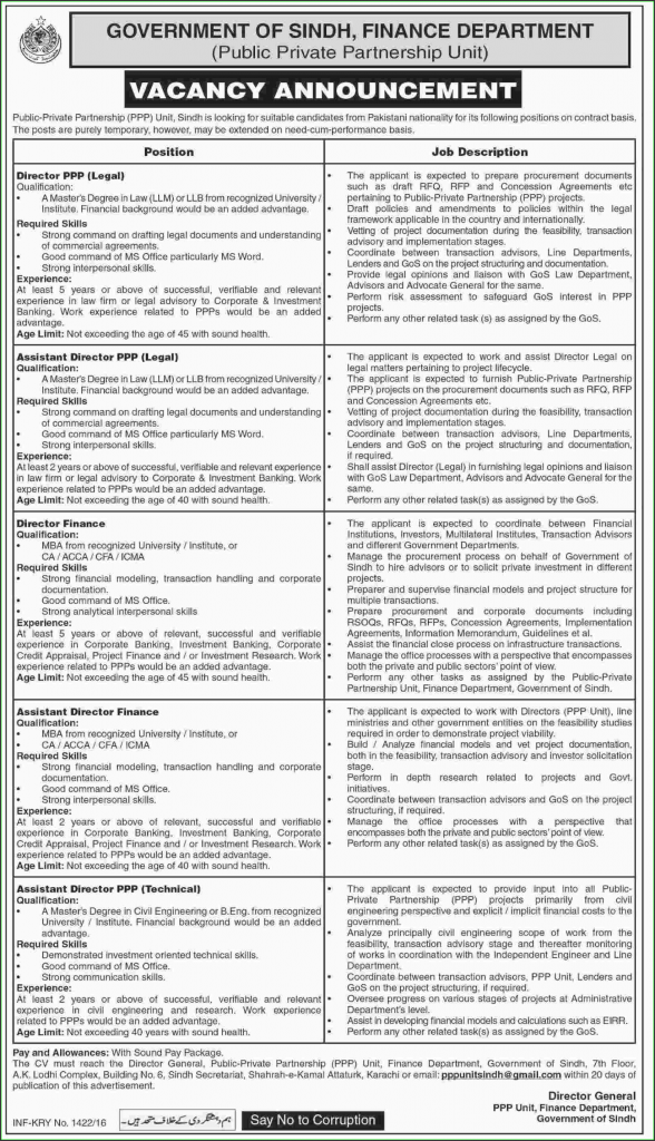 PPP Unit Finance Department Govt of Sindh Jobs