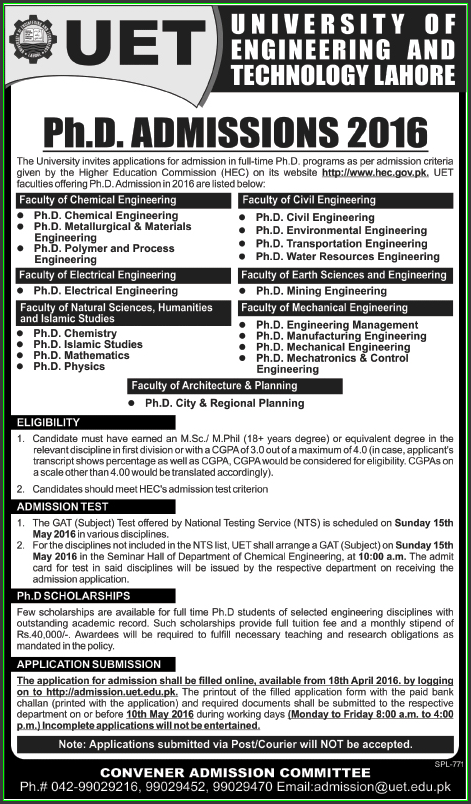 Ph.D Admission in UET