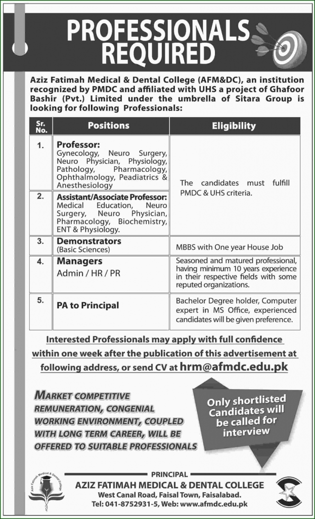 Professor, Assistant Professor, Demonstrators, Managers and PA to Principal Jobs in Aziz Fatimah Medical & Dental College