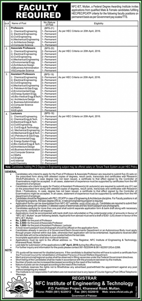 Professors, Associate Professors, Assistant Professors, and Lecturer Jobs in NFC IET Federal Degree Awarding Institute