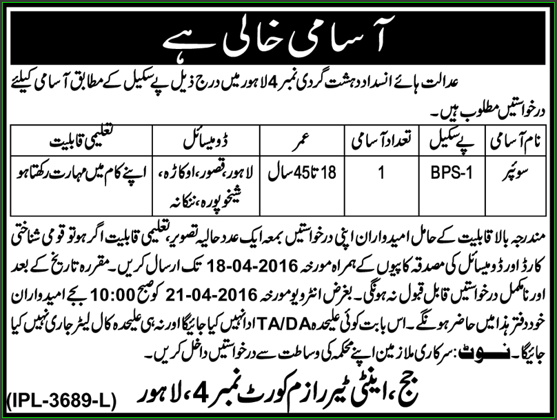Sweeper Jobs in Court Lahore