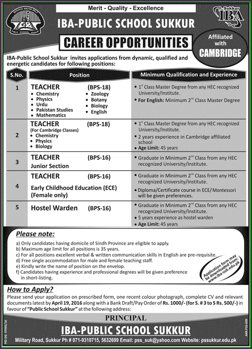Teachers, and Hostel Warden Jobs in IBA Public School Peshawar,