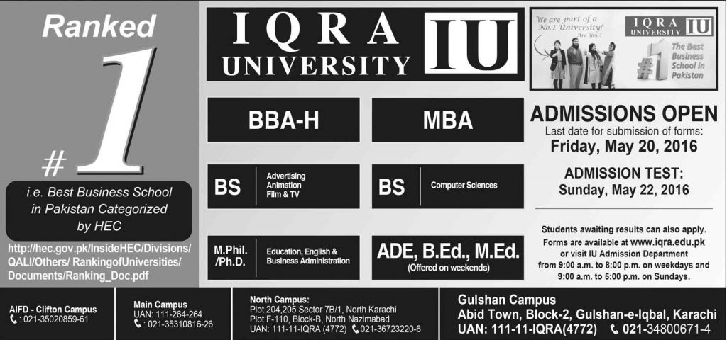 Admissions in Iqra University for MBA,BS,BBA