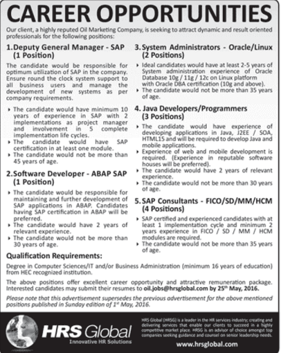 System Administrators , java Developers, Software Developers SAP Consultants Jobs