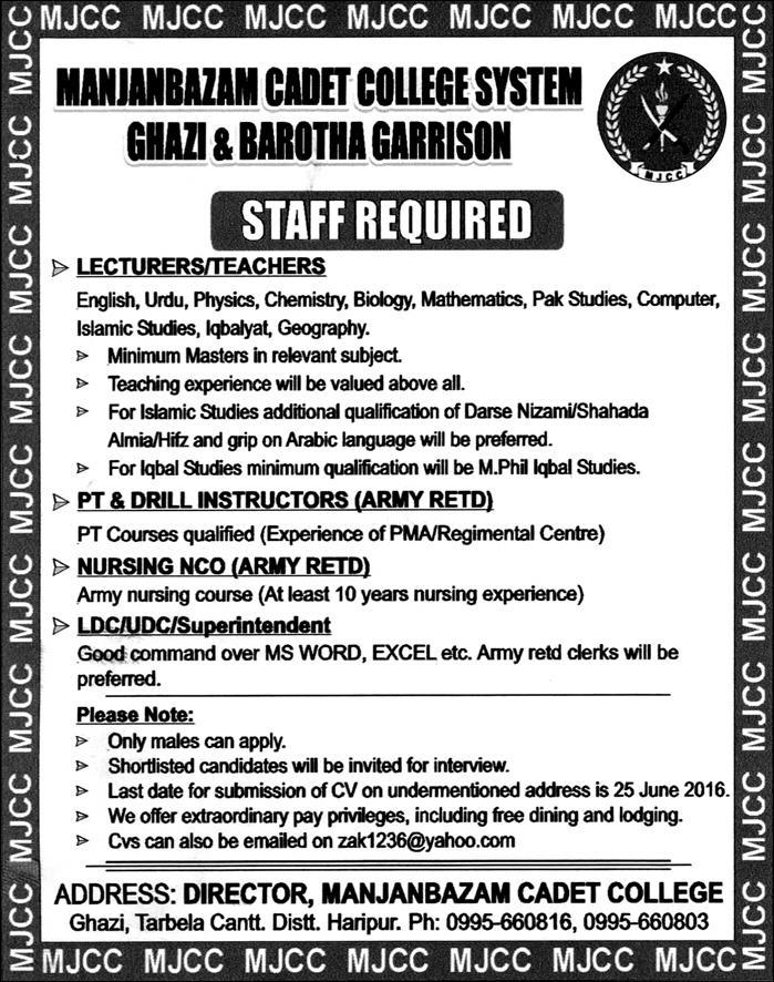 Jobs in Manjanbazam Cadet Colleege Haripur