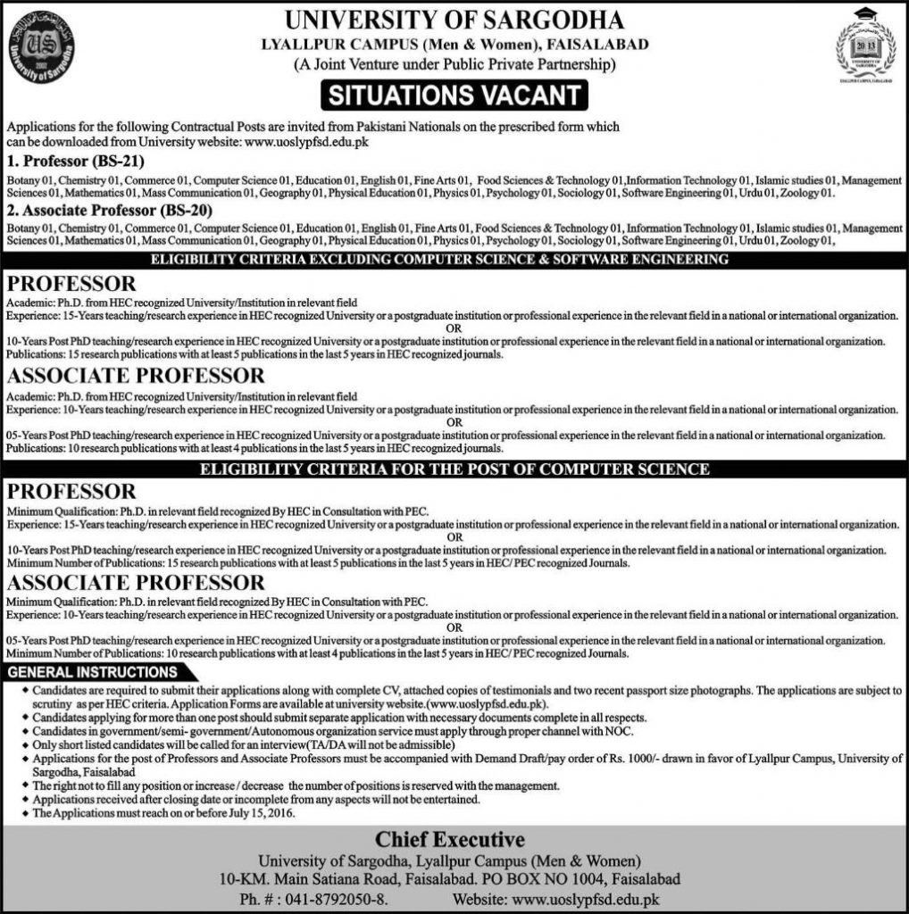 Jobs in University of Sargodha Lyallpur Campus Faisalabad
