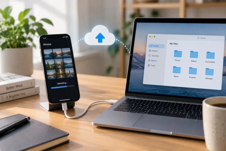 Smartphone backing up data to a laptop and cloud storage