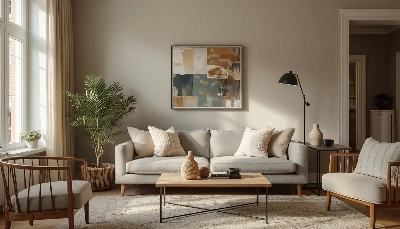 Living room styled with a timeless capsule home decor approach mixing eras