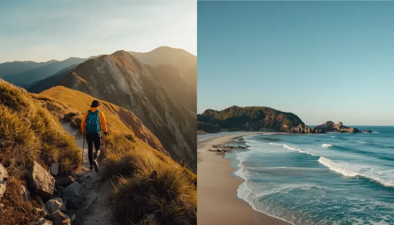 Traveler choosing between an adventurous mountain trip and a relaxing beach destination