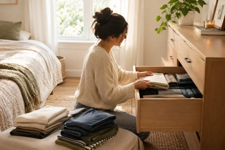 Person sorting one dresser drawer while decluttering their home without feeling overwhelmed