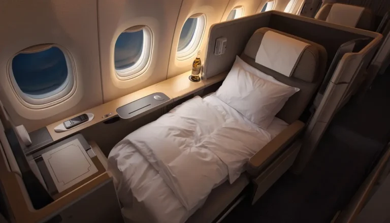Spacious first class airline seat reclined into a bed during a flight