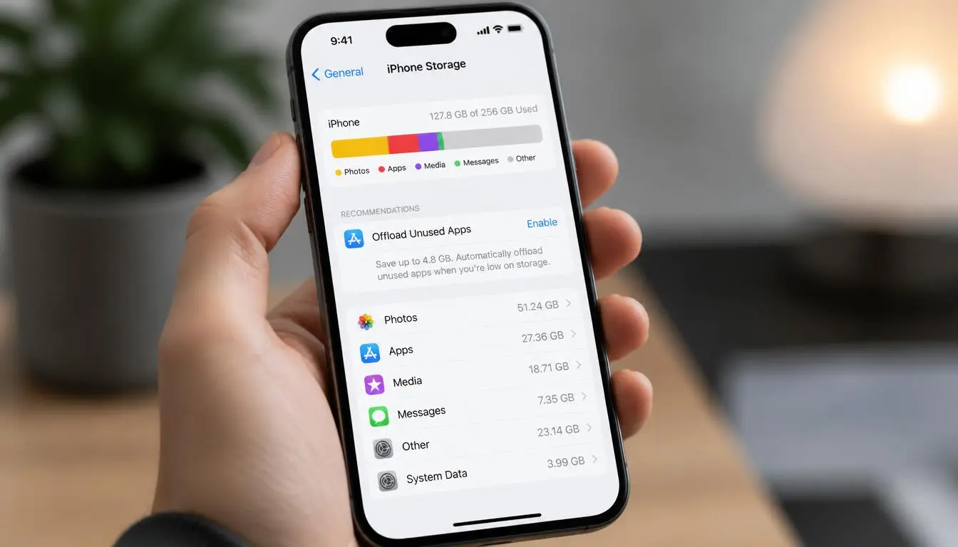 Smartphone showing storage breakdown while freeing up space on the device