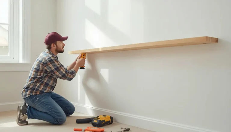 Person using a stud finder before hanging shelves without damaging the wall