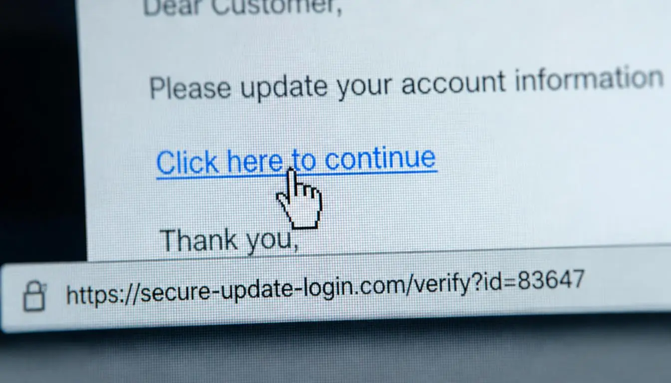 Hovering over a suspicious link to reveal a mismatched phishing URL