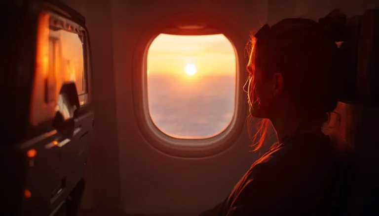 Traveler looking at sunrise light through an airplane window while managing jet lag
