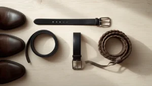 Black, brown, and braided belts arranged with matching shoes to show how to choose the right belt