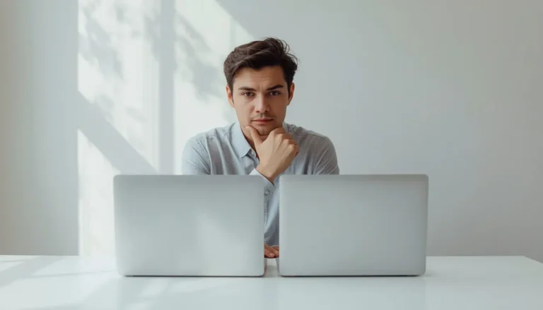 Person comparing laptop specifications to choose the right laptop for their needs