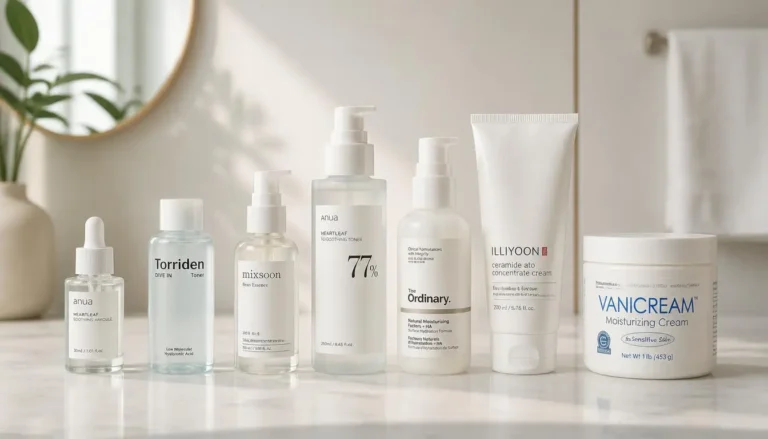 Skincare products arranged in the correct layering order from thinnest to thickest
