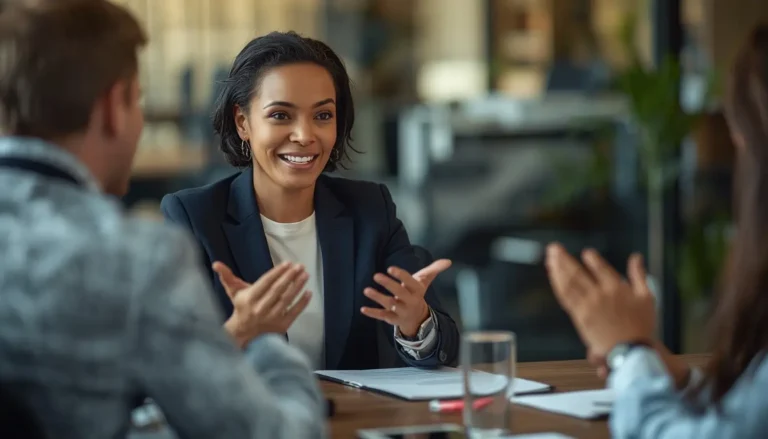 Job candidate negotiating a higher salary confidently during a conversation