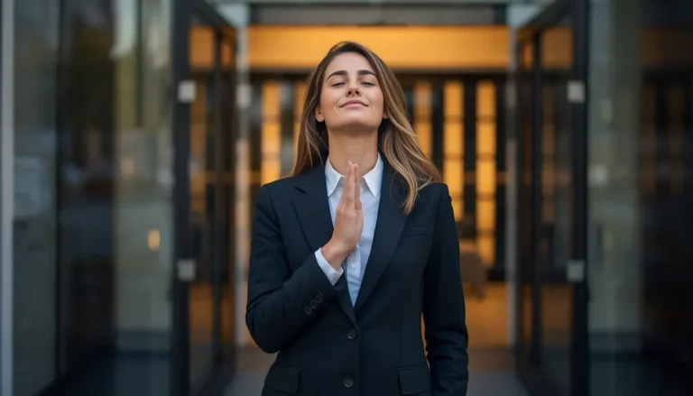 Job candidate taking a calming breath before a nerve wracking interview