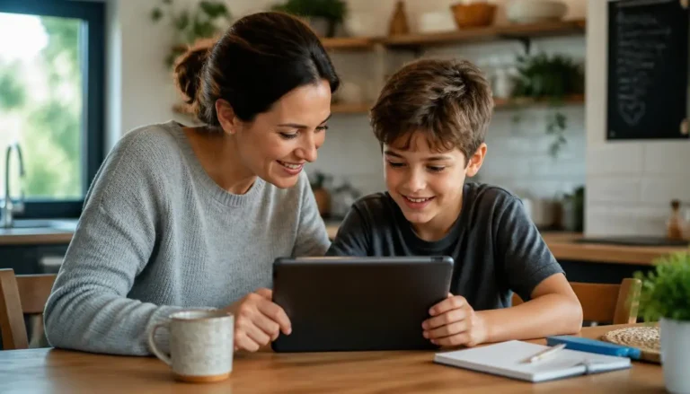 Parent and child discussing online safety together at home
