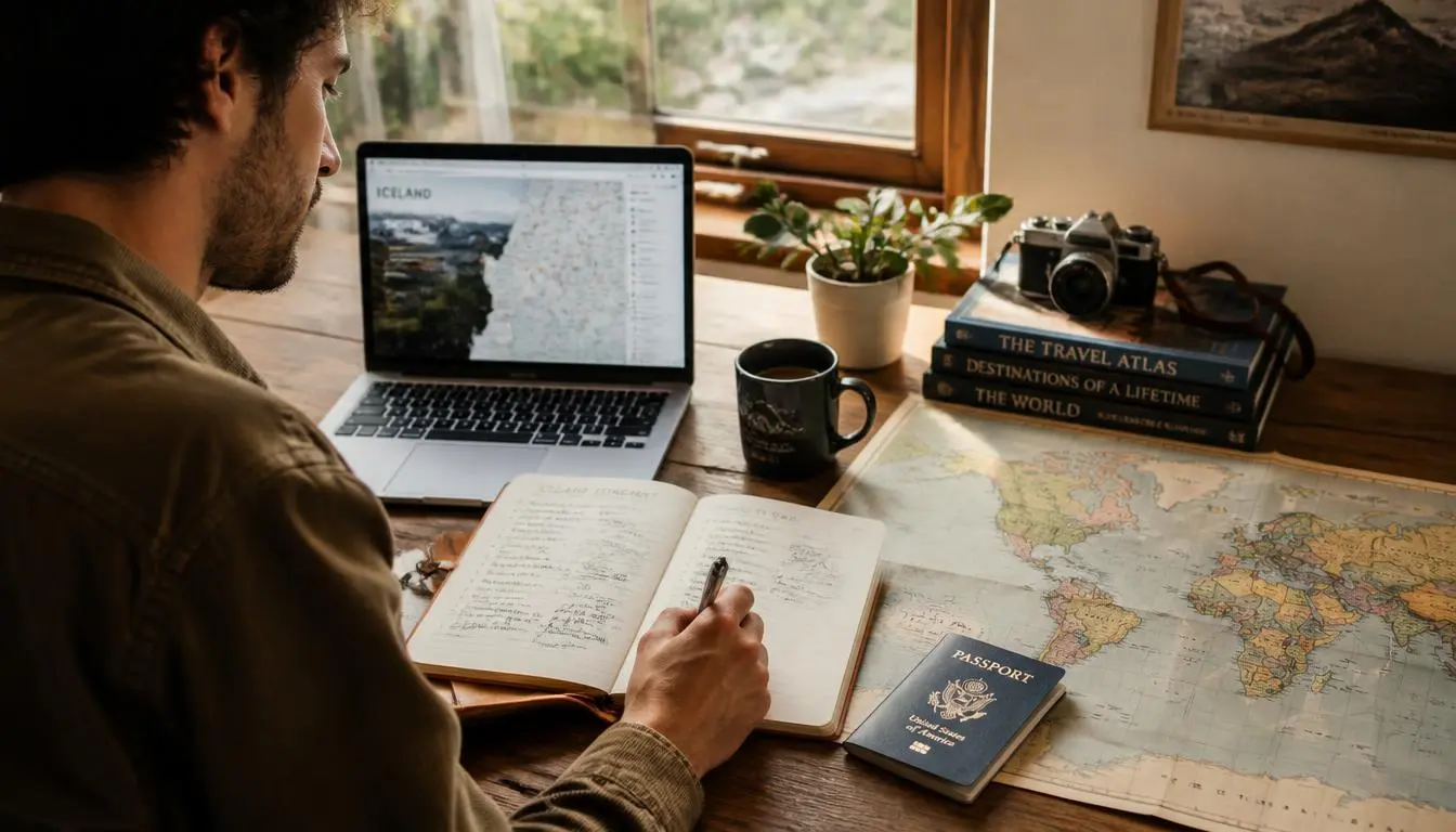 Traveler researching a destination with notes, a passport, and a map before booking a trip