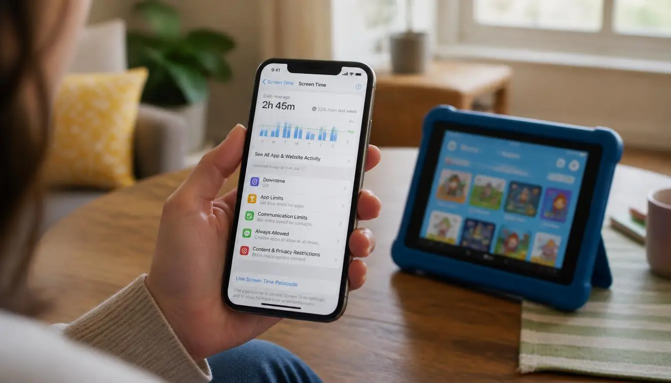 Parent setting up parental controls on a family smartphone and tablet