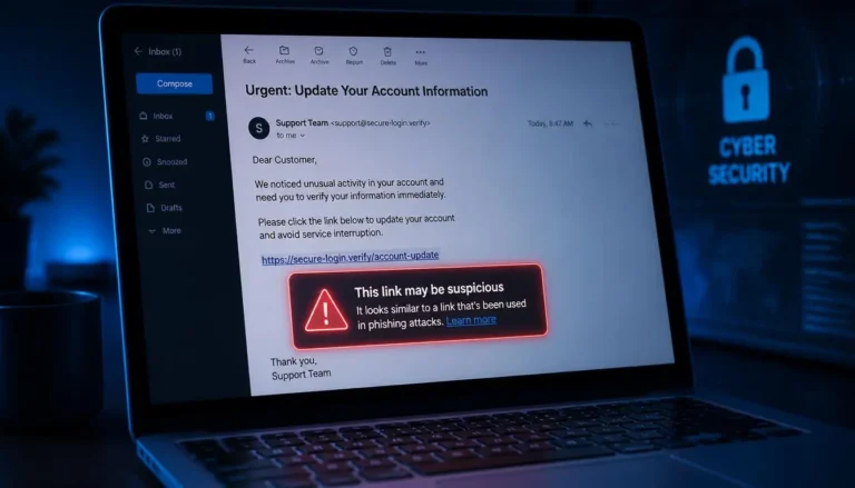 Laptop screen showing warning signs of a phishing email