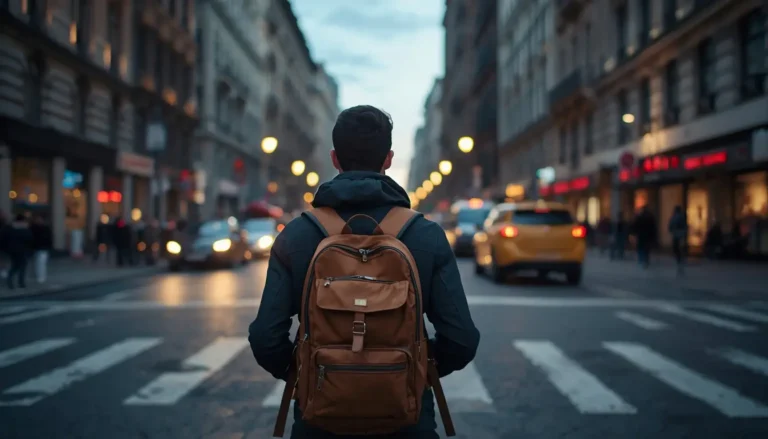 Solo traveler walking confidently and safely through a city at dusk