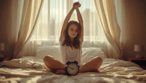 Girl waking up on time in morning light after ditching the snooze button