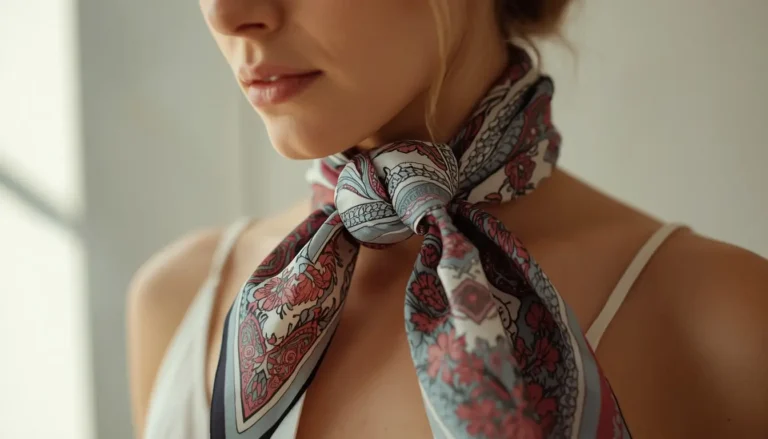 Woman styling a silk scarf using multiple different tying techniques