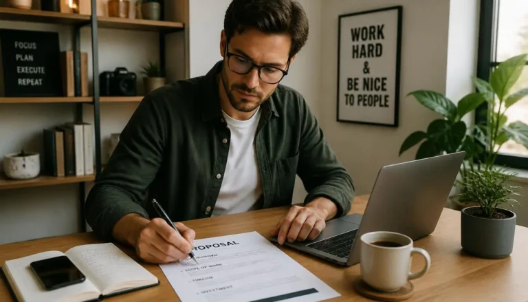 Freelancer writing a winning proposal to send to a prospective client