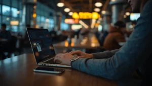 Person using a laptop on public Wi-Fi at an airport cafe with a phone hotspot nearby