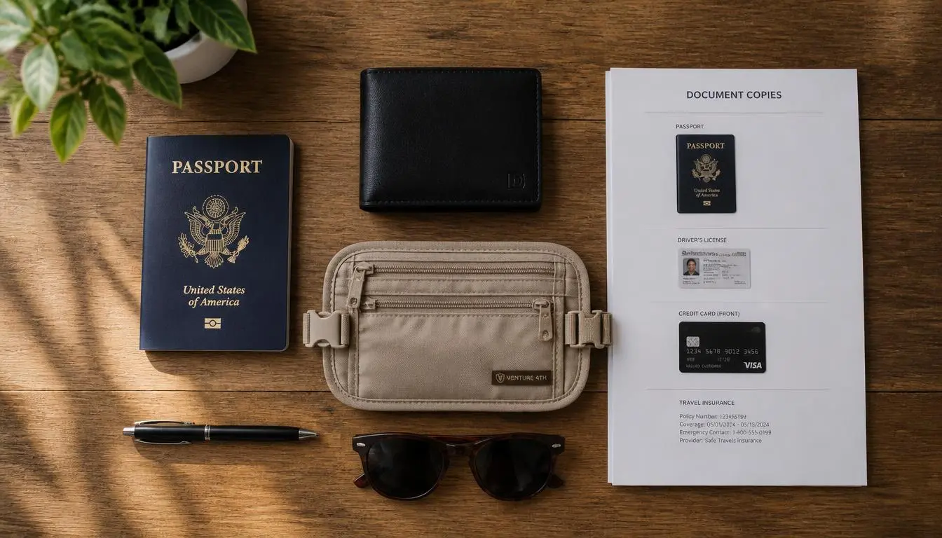 Passport, money belt, and document copies arranged as part of a travel valuables safety system