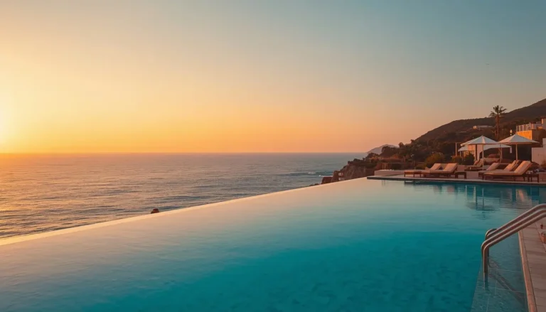 Luxury hotel pool at golden hour representing affordable high end travel experiences
