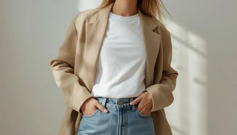 Outfit mixing a trendy blazer with timeless basics like denim and a white t-shirt