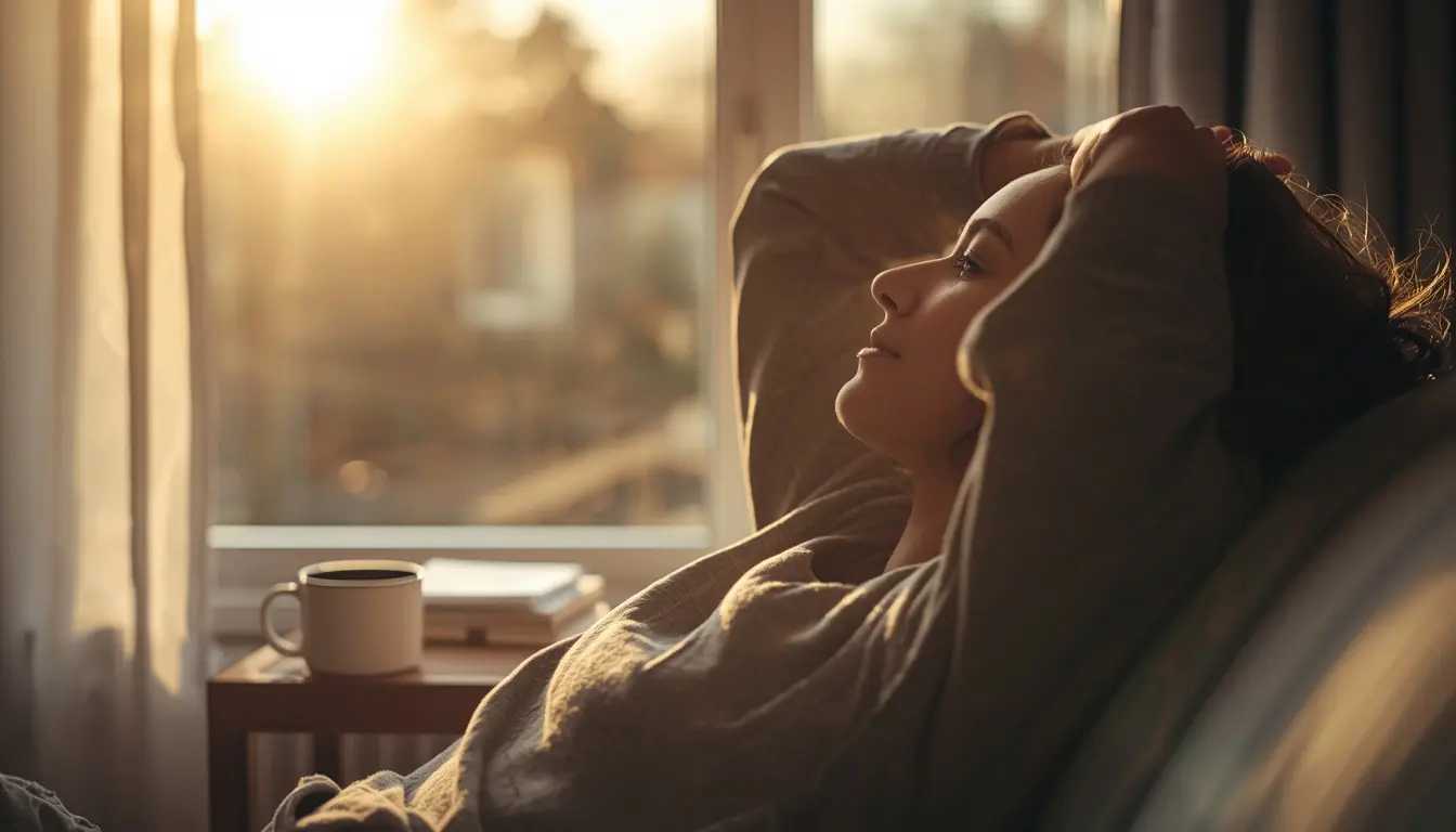 Person calmly stretching by a window as part of a morning routine that actually sticks