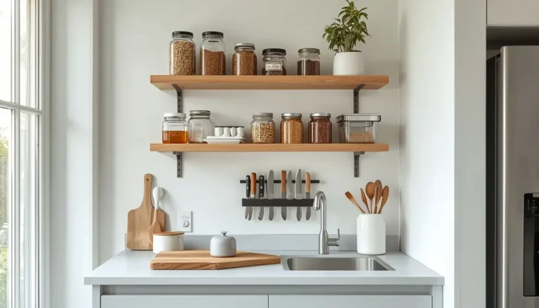 Small kitchen organized with floating shelves and wall storage without any renovation