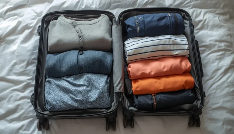 Open carry-on suitcase packed efficiently with rolled clothing and packing cubes