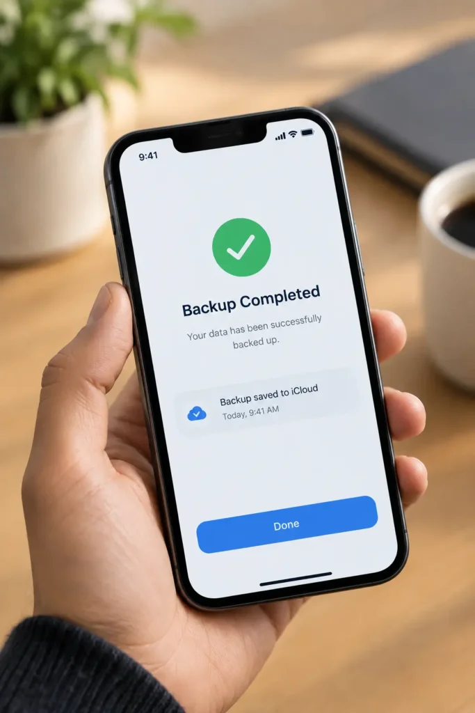 Smartphone screen confirming a successful phone data backup